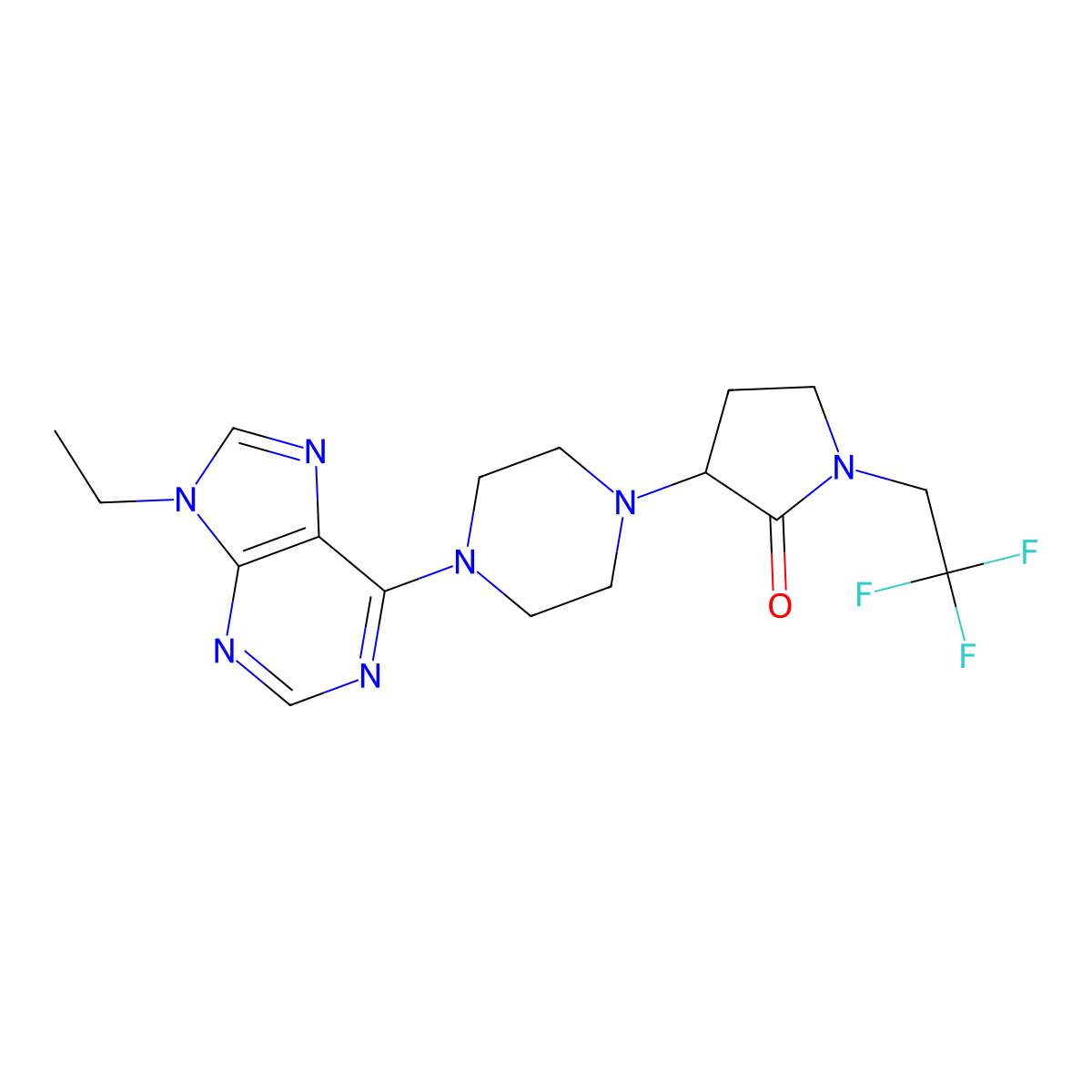 3-[4-(9-ethyl-9H-purin-6-yl)piperazin-1-yl]-1-(2,2,2-trifluoroethyl)pyrrolidin-2-one molecular structure, CAS 2741888-96-8