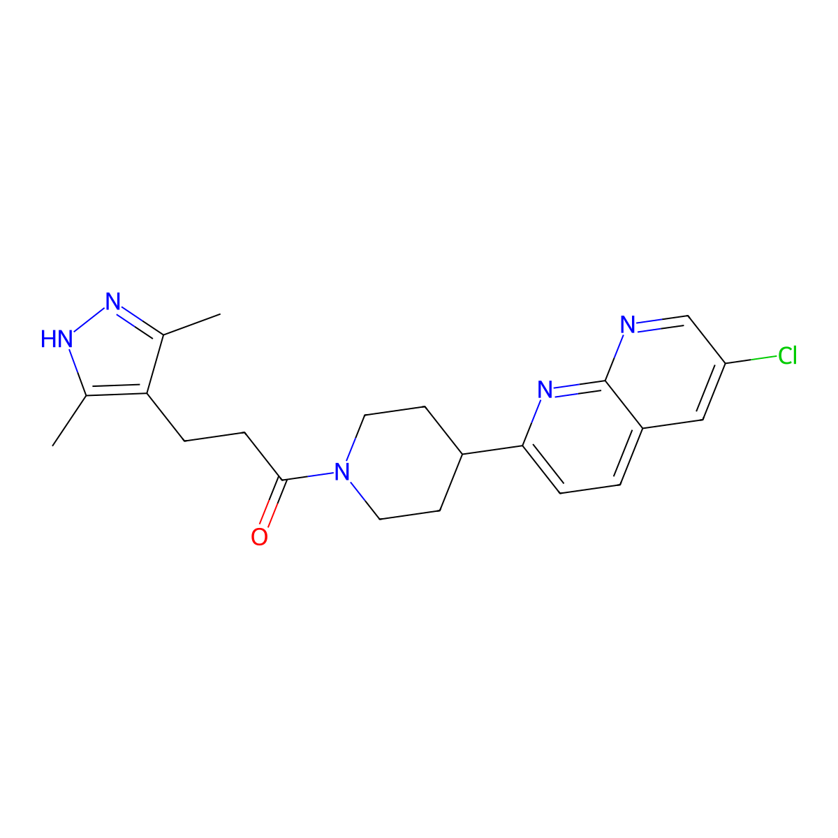 1-[4-(6-chloro-1,8-naphthyridin-2-yl)piperidin-1-yl]-3-(3,5-dimethyl-1H-pyrazol-4-yl)propan-1-one molecular structure, CAS 2741888-98-0