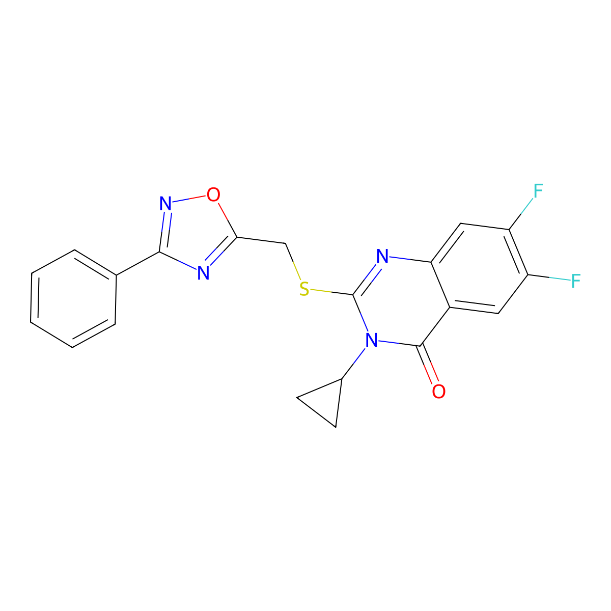 3-Cyclopropyl-6,7-difluoro-2-{[(3-phenyl-1,2,4-oxadiazol-5-yl)methyl]sulfanyl}-3,4-dihydroquinazolin-4-one molecular structure, CAS 2741889-02-9