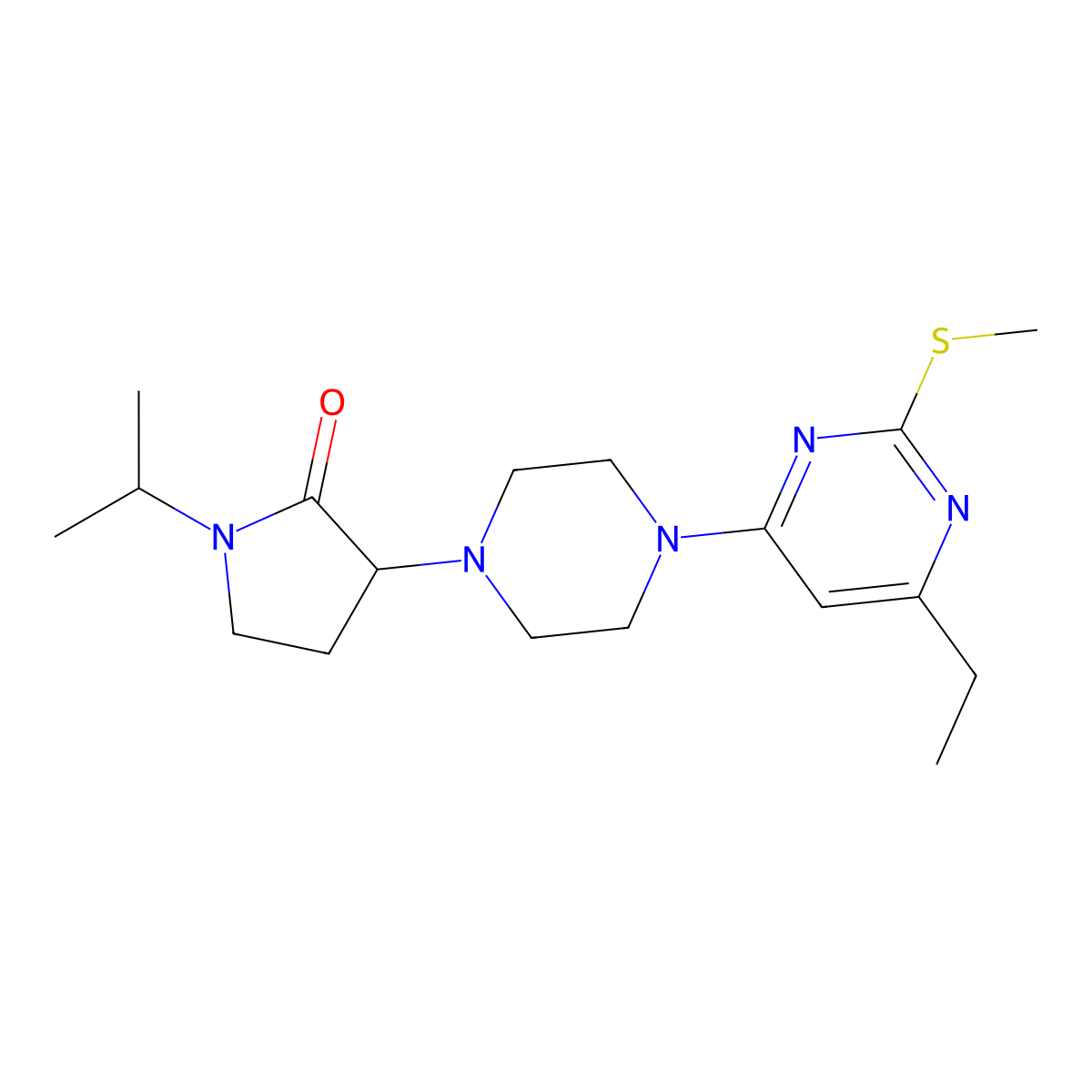 3-{4-[6-Ethyl-2-(methylsulfanyl)pyrimidin-4-yl]piperazin-1-yl}-1-(propan-2-yl)pyrrolidin-2-one molecular structure, CAS 2741889-08-5