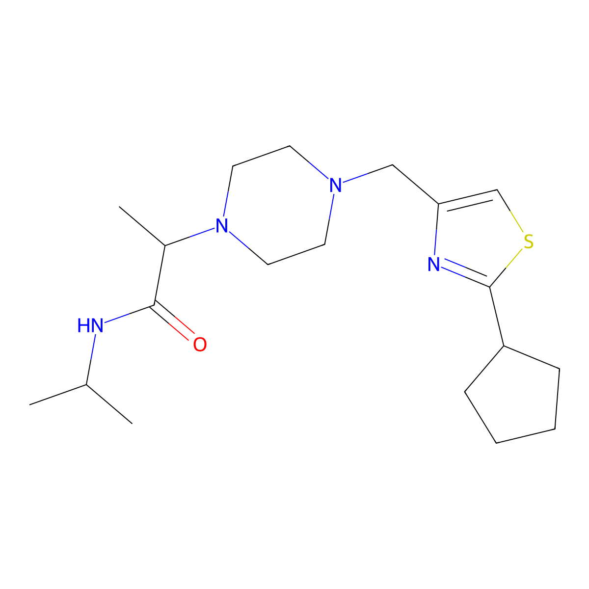 2-{4-[(2-cyclopentyl-1,3-thiazol-4-yl)methyl]piperazin-1-yl}-N-(propan-2-yl)propanamide molecular structure, CAS 2741889-12-1