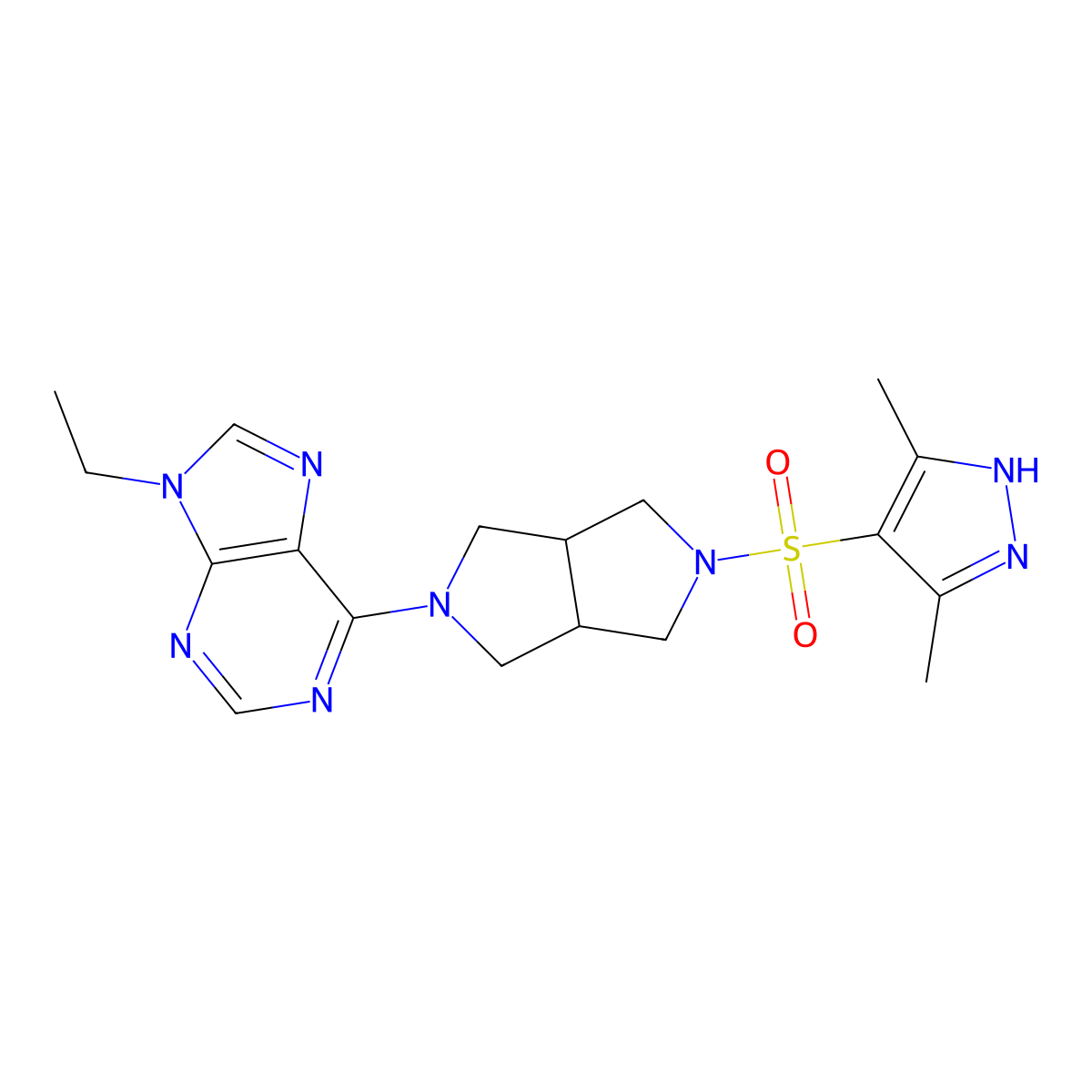 6-{5-[(3,5-dimethyl-1H-pyrazol-4-yl)sulfonyl]-octahydropyrrolo[3,4-c]pyrrol-2-yl}-9-ethyl-9H-purine molecular structure, CAS 2741889-17-6