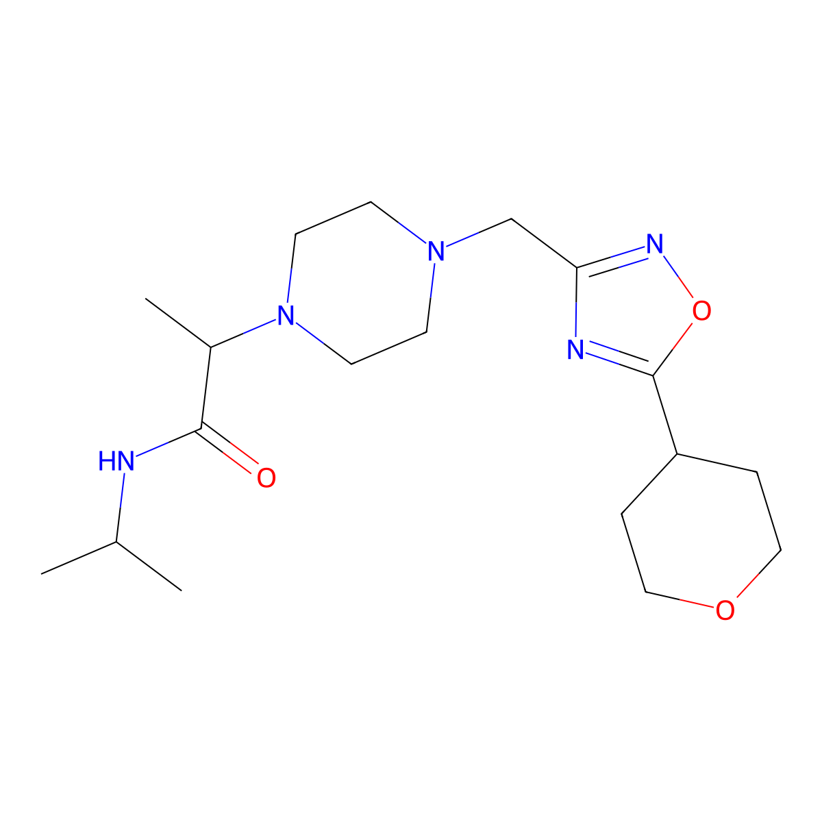 2-(4-{[5-(oxan-4-yl)-1,2,4-oxadiazol-3-yl]methyl}piperazin-1-yl)-N-(propan-2-yl)propanamide molecular structure, CAS 2741889-24-5