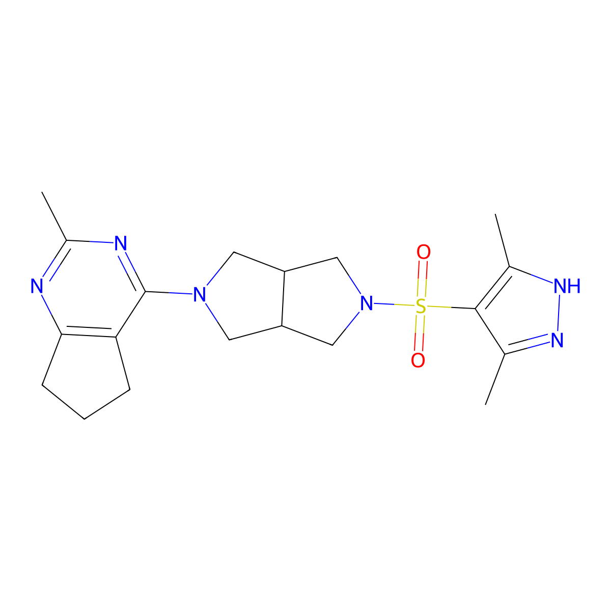 3,5-dimethyl-4-[(5-{2-methyl-5H,6H,7H-cyclopenta[d]pyrimidin-4-yl}-octahydropyrrolo[3,4-c]pyrrol-2-yl)sulfonyl]-1H-pyrazole molecular structure, CAS 2741889-36-9