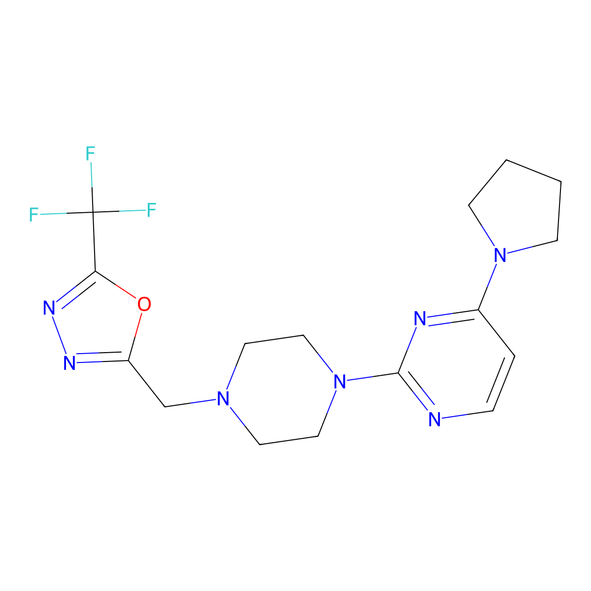 4-(Pyrrolidin-1-yl)-2-(4-{[5-(trifluoromethyl)-1,3,4-oxadiazol-2-yl]methyl}piperazin-1-yl)pyrimidine molecular structure, CAS 2741889-37-0