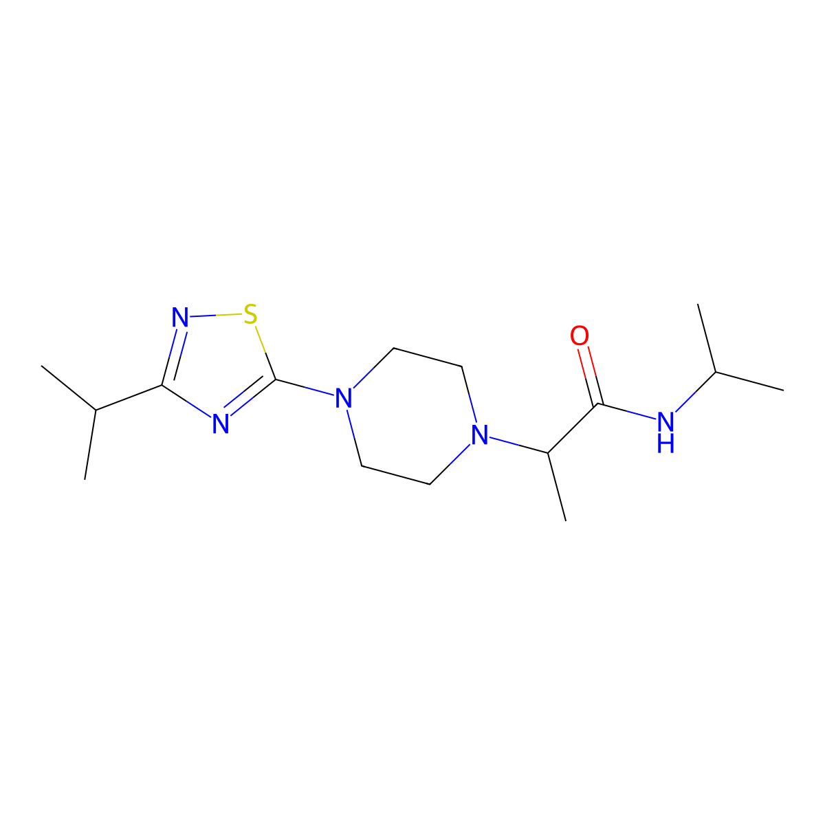 N-(propan-2-yl)-2-{4-[3-(propan-2-yl)-1,2,4-thiadiazol-5-yl]piperazin-1-yl}propanamide molecular structure, CAS 2741889-42-7