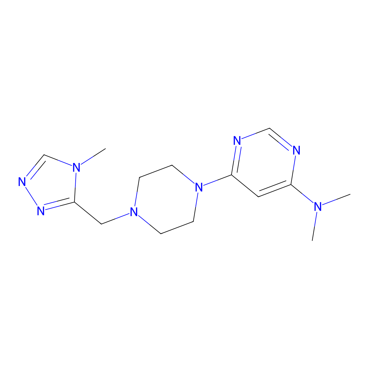 N,N-dimethyl-6-{4-[(4-methyl-4H-1,2,4-triazol-3-yl)methyl]piperazin-1-yl}pyrimidin-4-amine molecular structure, CAS 2741889-47-2