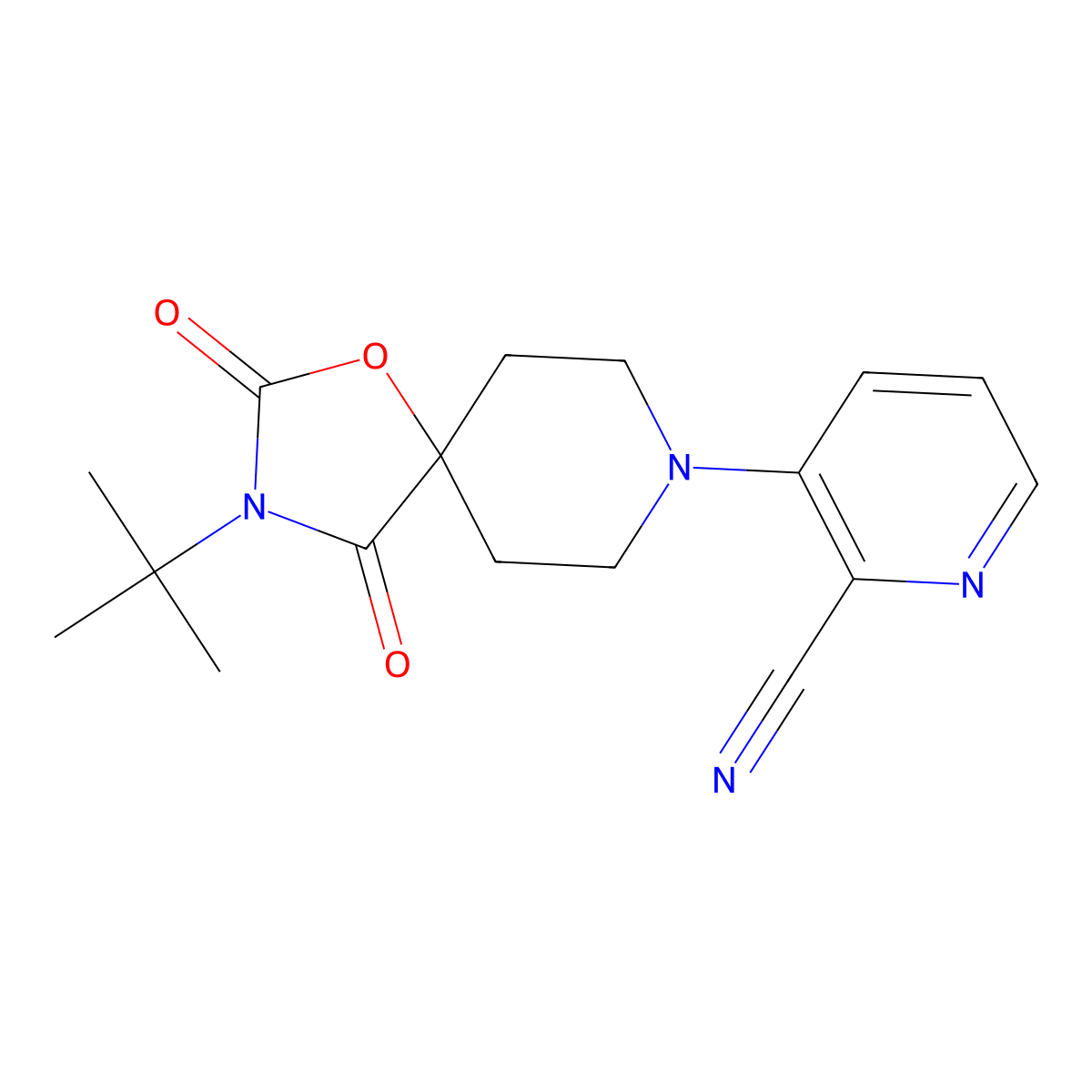 3-{3-Tert-butyl-2,4-dioxo-1-oxa-3,8-diazaspiro[4.5]decan-8-yl}pyridine-2-carbonitrile molecular structure, CAS 2741889-48-3