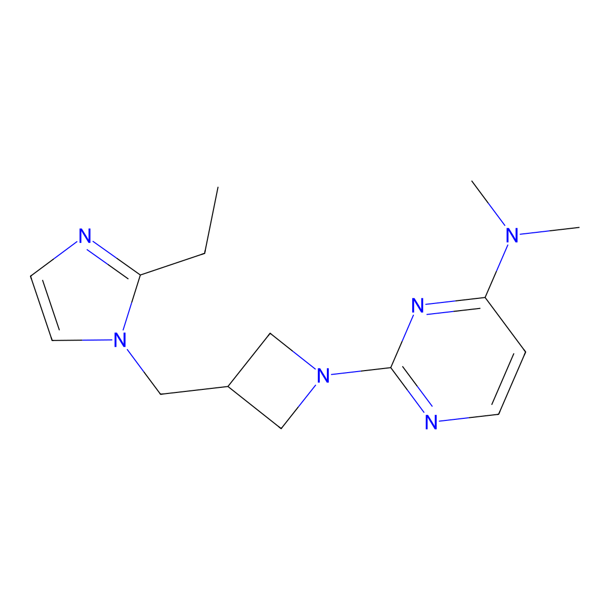 2-{3-[(2-ethyl-1H-imidazol-1-yl)methyl]azetidin-1-yl}-N,N-dimethylpyrimidin-4-amine molecular structure, CAS 2741889-51-8