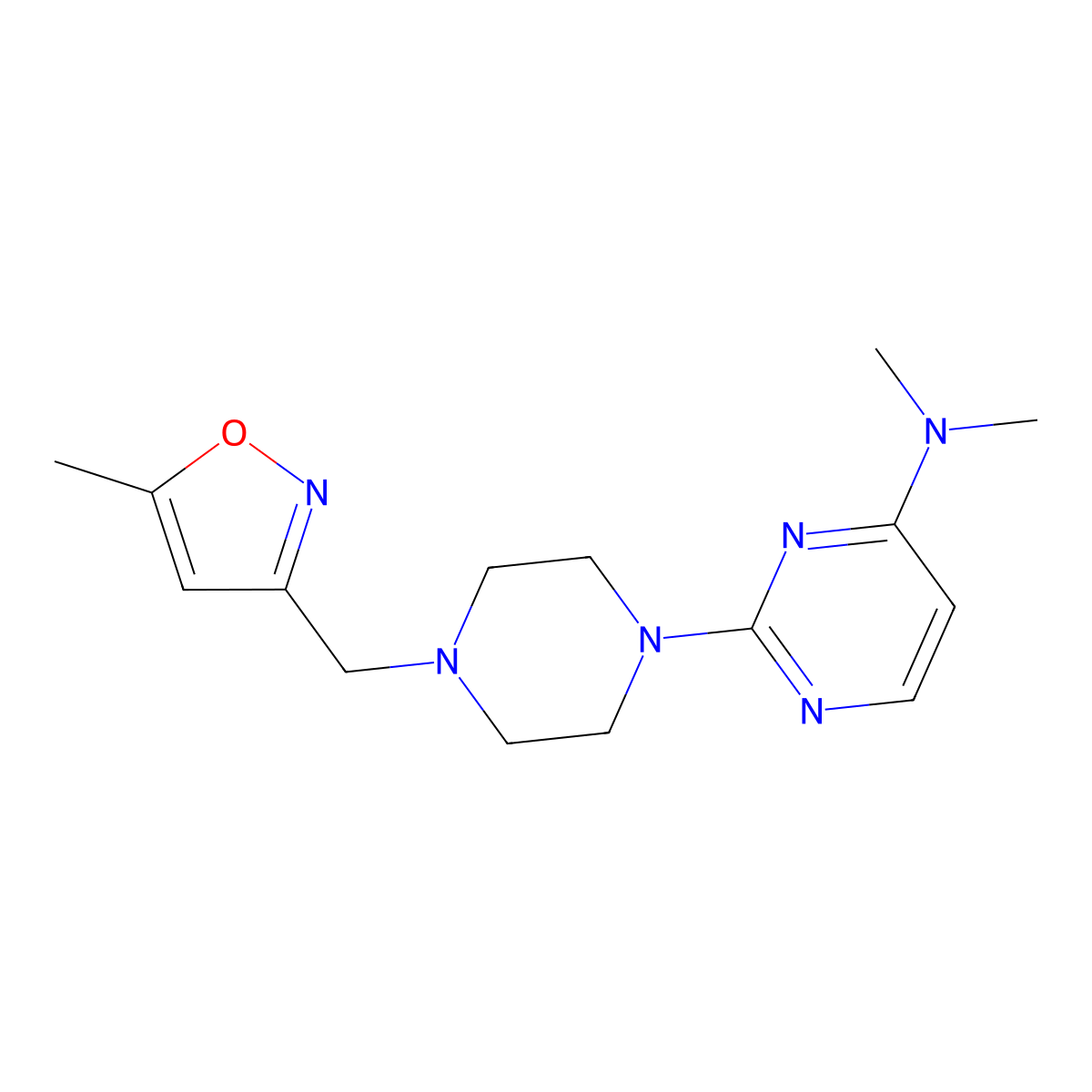 N,N-dimethyl-2-{4-[(5-methyl-1,2-oxazol-3-yl)methyl]piperazin-1-yl}pyrimidin-4-amine molecular structure, CAS 2741889-69-8