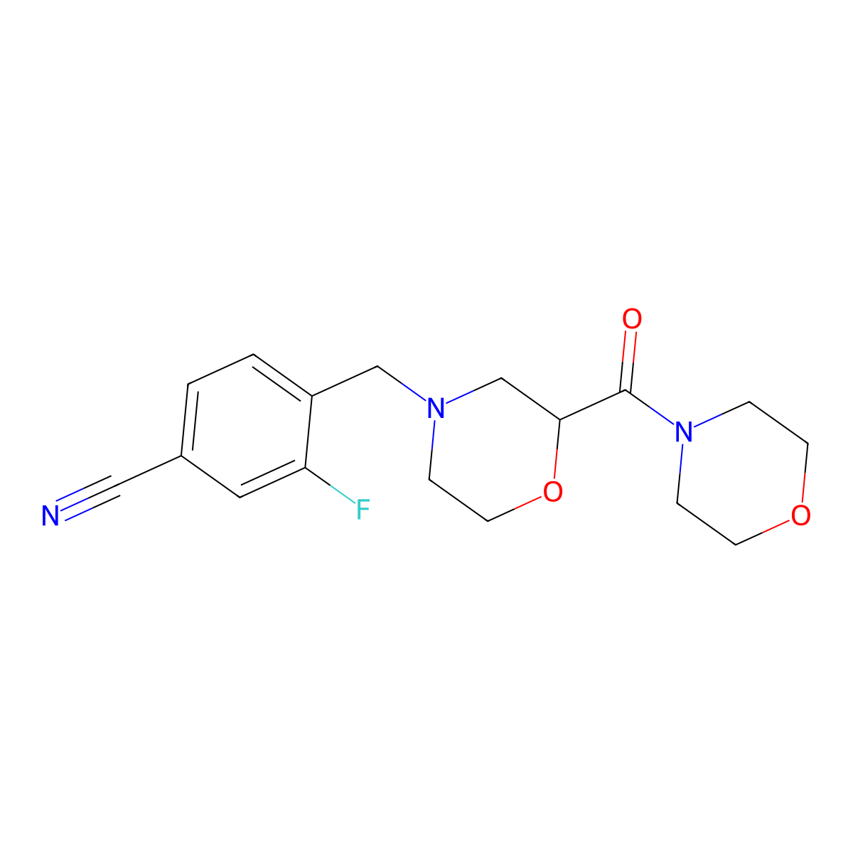3-Fluoro-4-{[2-(morpholine-4-carbonyl)morpholin-4-yl]methyl}benzonitrile molecular structure, CAS 2741889-71-2