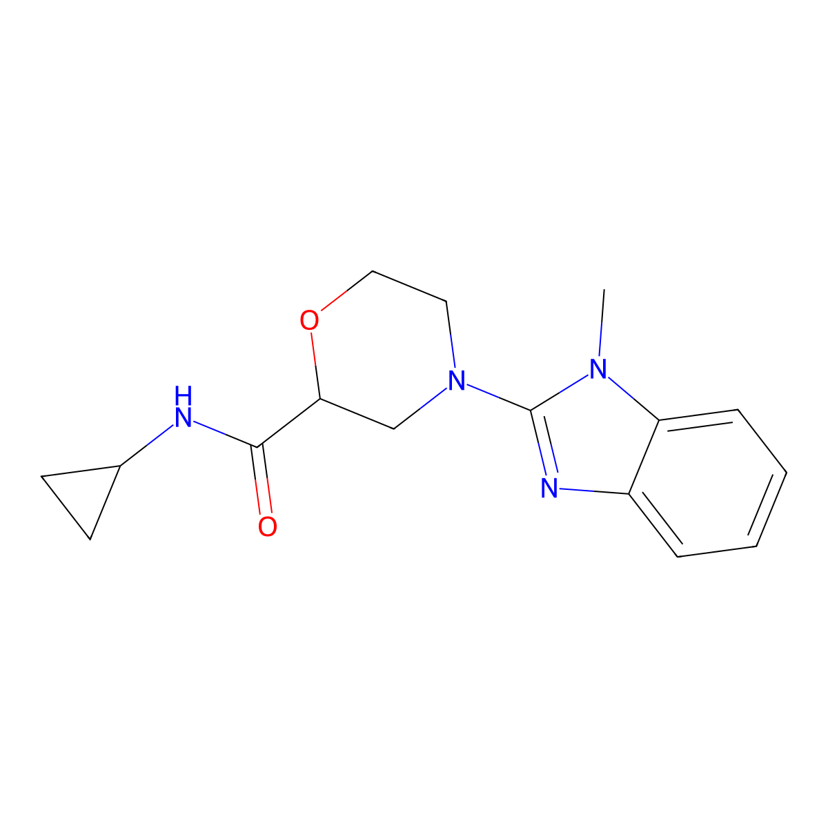 N-cyclopropyl-4-(1-methyl-1H-1,3-benzodiazol-2-yl)morpholine-2-carboxamide molecular structure, CAS 2741889-78-9
