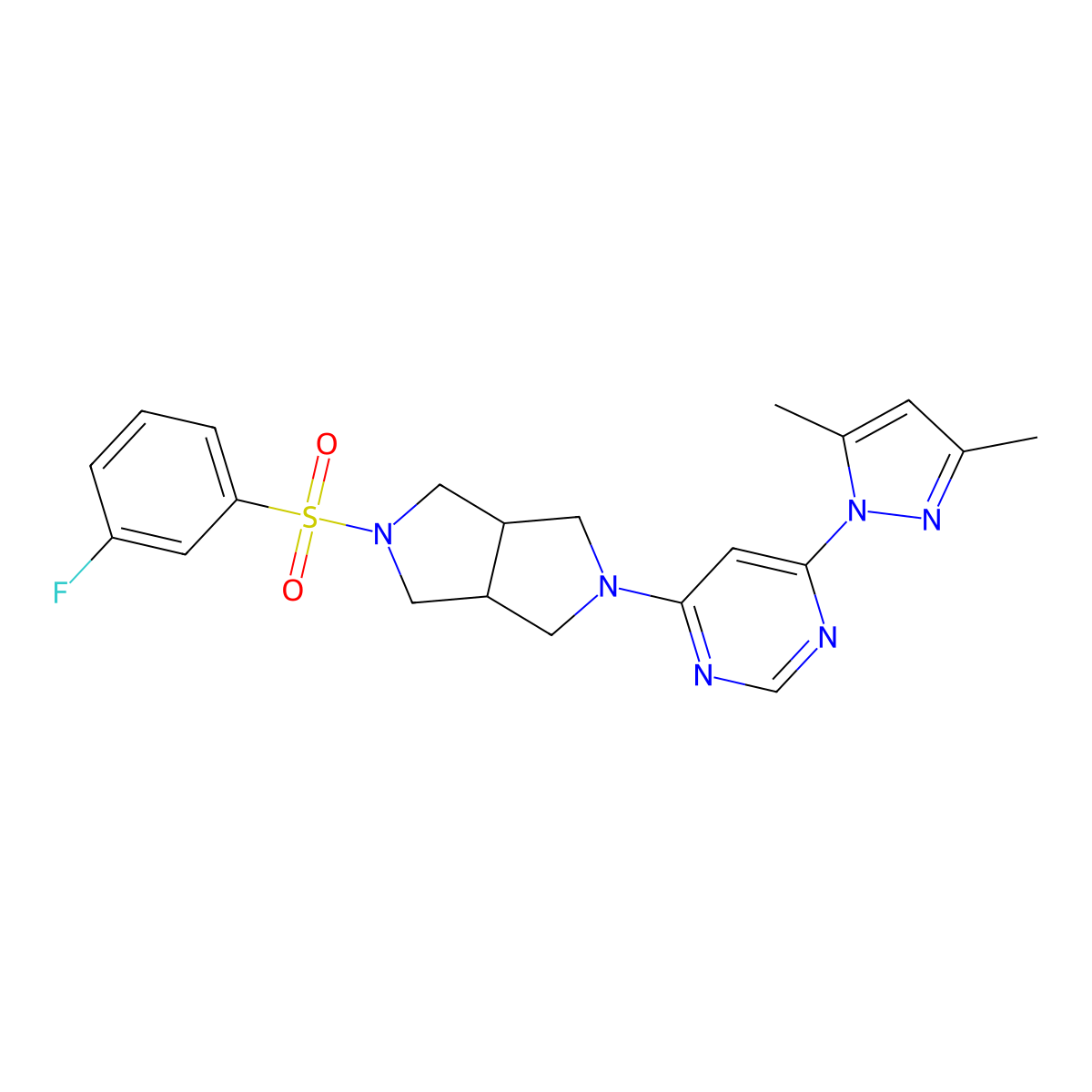 4-(3,5-dimethyl-1H-pyrazol-1-yl)-6-[5-(3-fluorobenzenesulfonyl)-octahydropyrrolo[3,4-c]pyrrol-2-yl]pyrimidine molecular structure, CAS 2741889-81-4