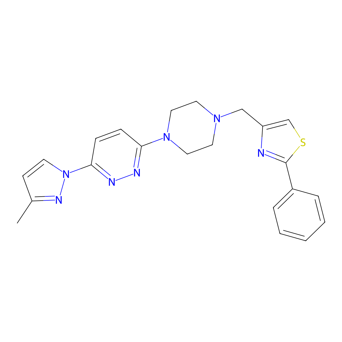 3-(3-methyl-1H-pyrazol-1-yl)-6-{4-[(2-phenyl-1,3-thiazol-4-yl)methyl]piperazin-1-yl}pyridazine molecular structure, CAS 2741889-83-6