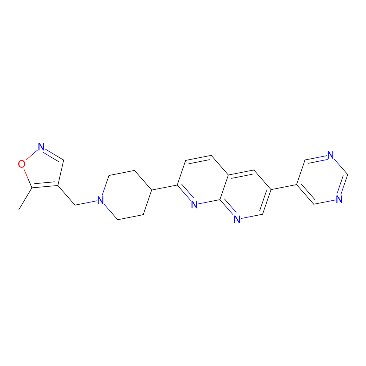 2-{1-[(5-Methyl-1,2-oxazol-4-yl)methyl]piperidin-4-yl}-6-(pyrimidin-5-yl)-1,8-naphthyridine molecular structure, CAS 2741889-85-8