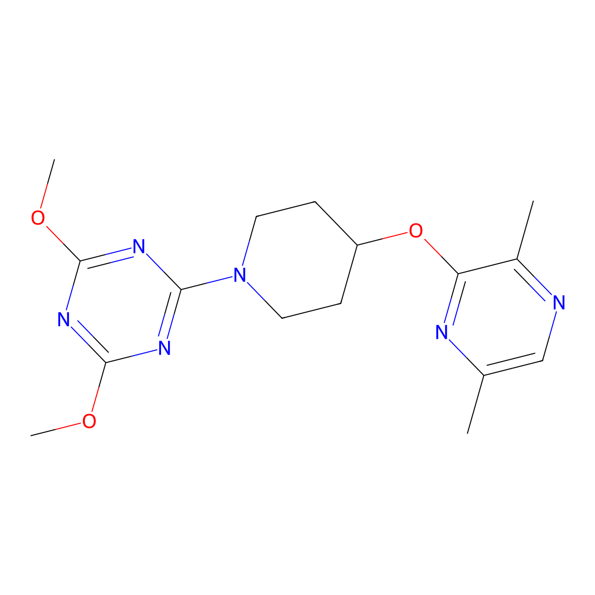 2-{4-[(3,6-Dimethylpyrazin-2-yl)oxy]piperidin-1-yl}-4,6-dimethoxy-1,3,5-triazine molecular structure, CAS 2741889-91-6