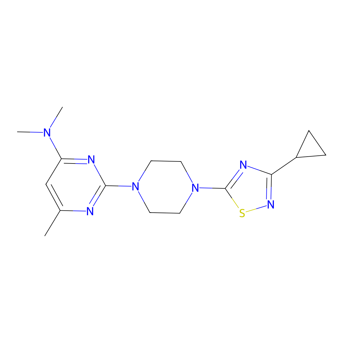 2-[4-(3-cyclopropyl-1,2,4-thiadiazol-5-yl)piperazin-1-yl]-N,N,6-trimethylpyrimidin-4-amine molecular structure, CAS 2741889-94-9