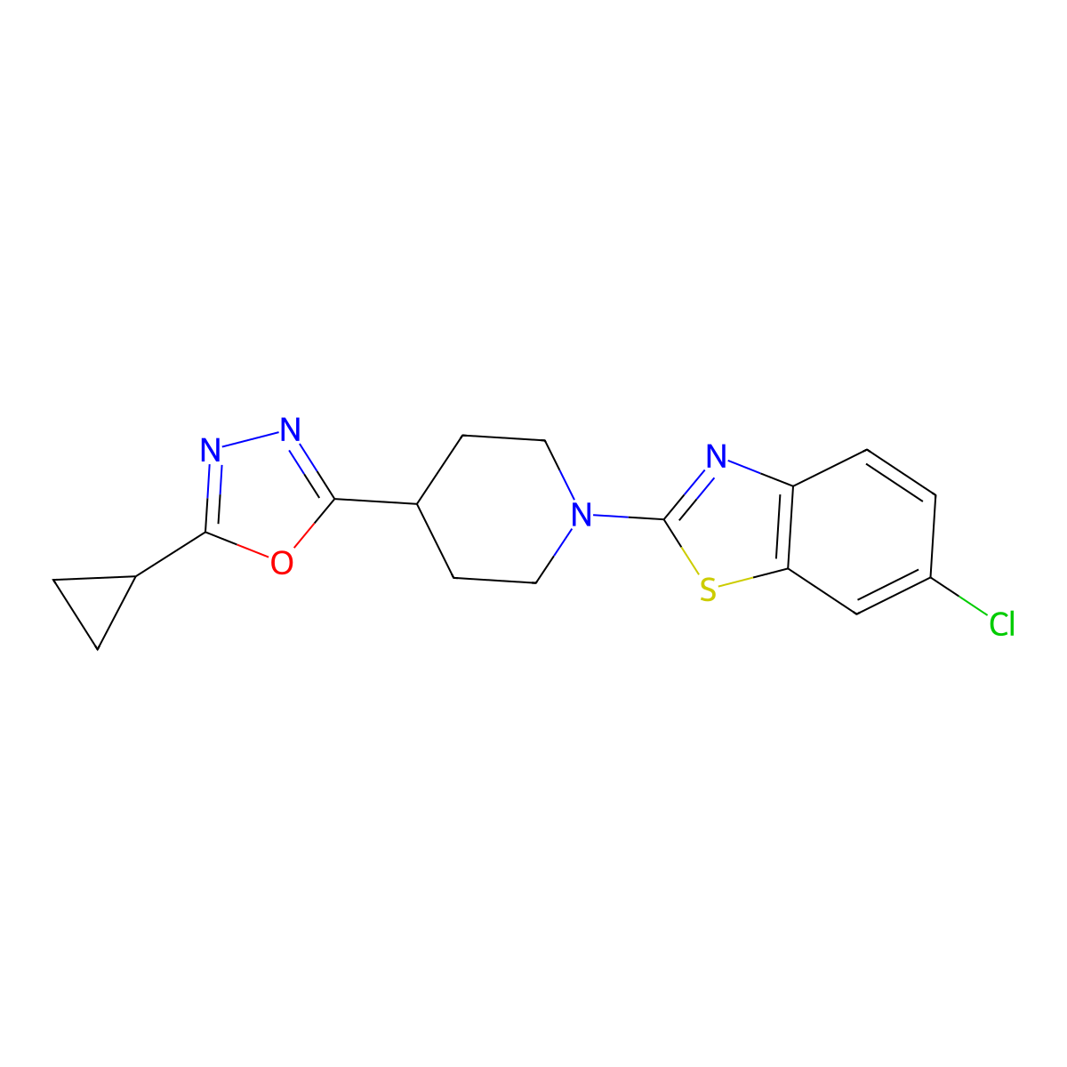 6-Chloro-2-[4-(5-cyclopropyl-1,3,4-oxadiazol-2-yl)piperidin-1-yl]-1,3-benzothiazole molecular structure, CAS 2741889-95-0