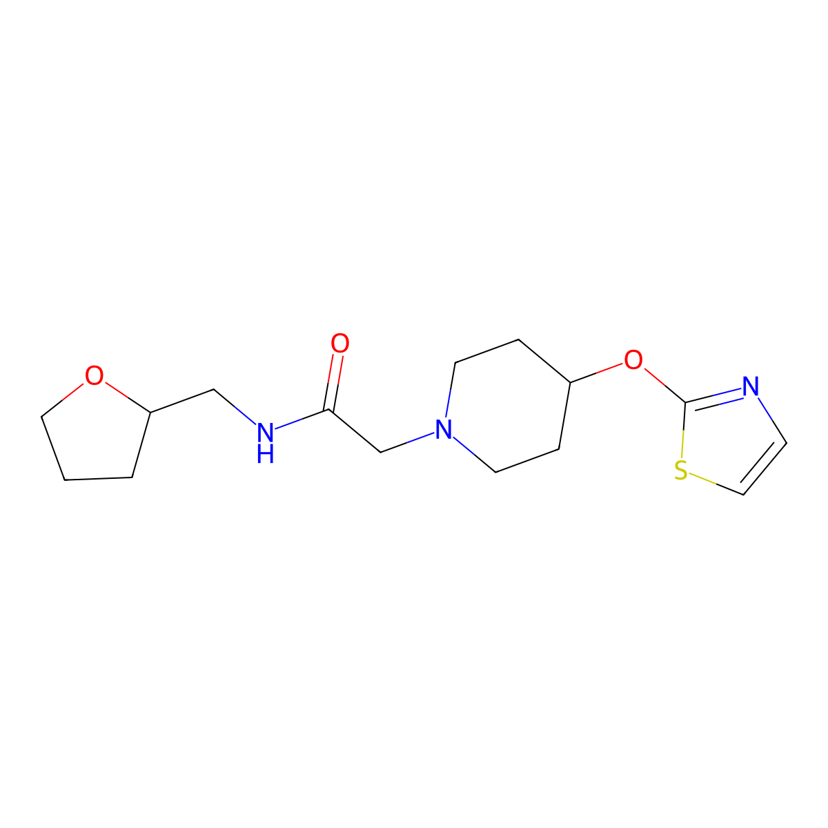 N-[(oxolan-2-yl)methyl]-2-[4-(1,3-thiazol-2-yloxy)piperidin-1-yl]acetamide molecular structure, CAS 2741890-11-7