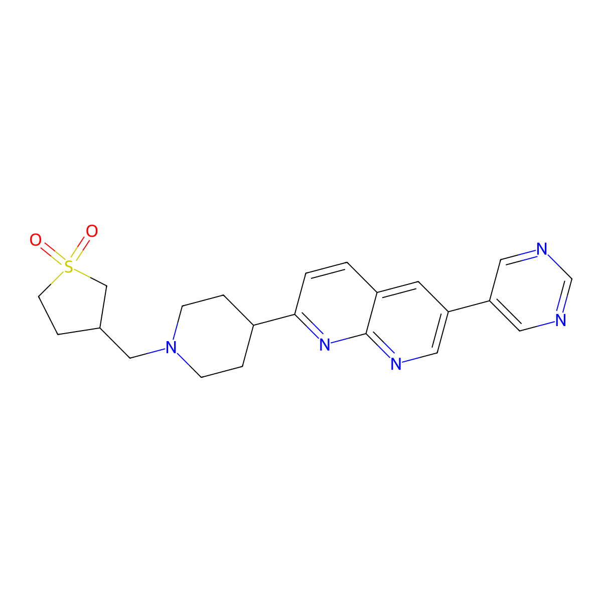 3-[[4-(6-Pyrimidin-5-yl-1,8-naphthyridin-2-yl)piperidin-1-yl]methyl]thiolane 1,1-dioxide molecular structure, CAS 2741890-19-5