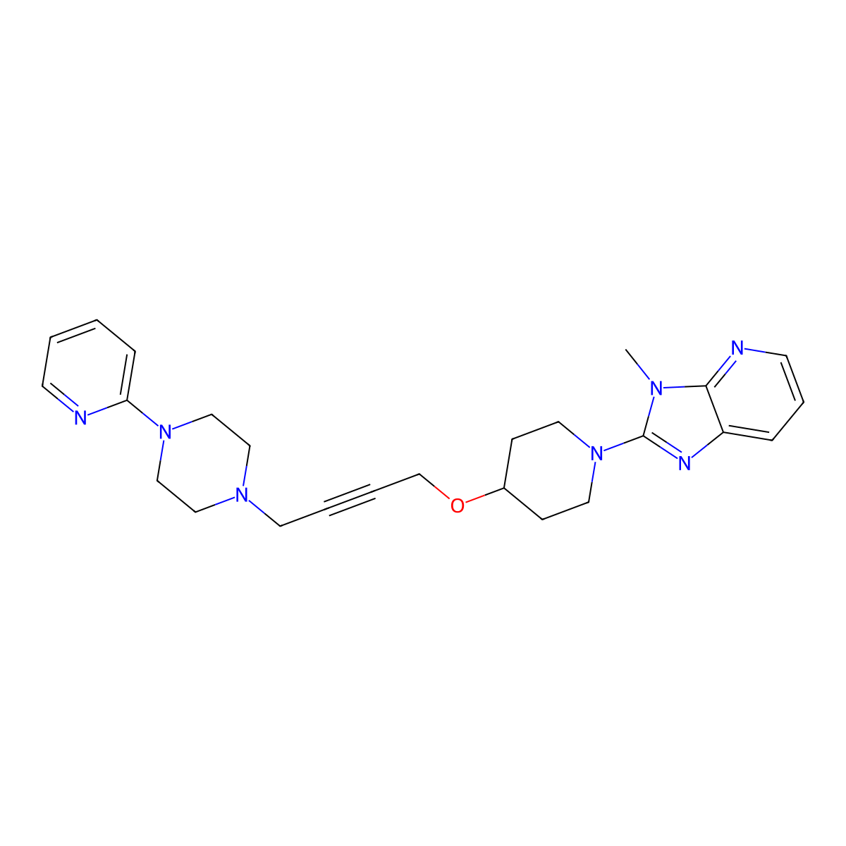 1-{4-[(1-{3-methyl-3H-imidazo[4,5-b]pyridin-2-yl}piperidin-4-yl)oxy]but-2-yn-1-yl}-4-(pyridin-2-yl)piperazine molecular structure, CAS 2741890-21-9