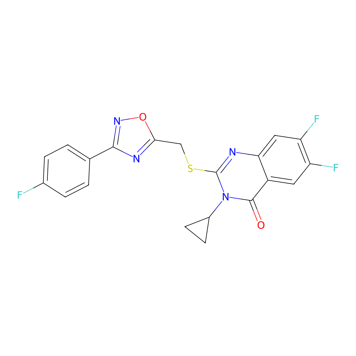 3-Cyclopropyl-6,7-difluoro-2-({[3-(4-fluorophenyl)-1,2,4-oxadiazol-5-yl]methyl}sulfanyl)-3,4-dihydroquinazolin-4-one molecular structure, CAS 2741890-25-3