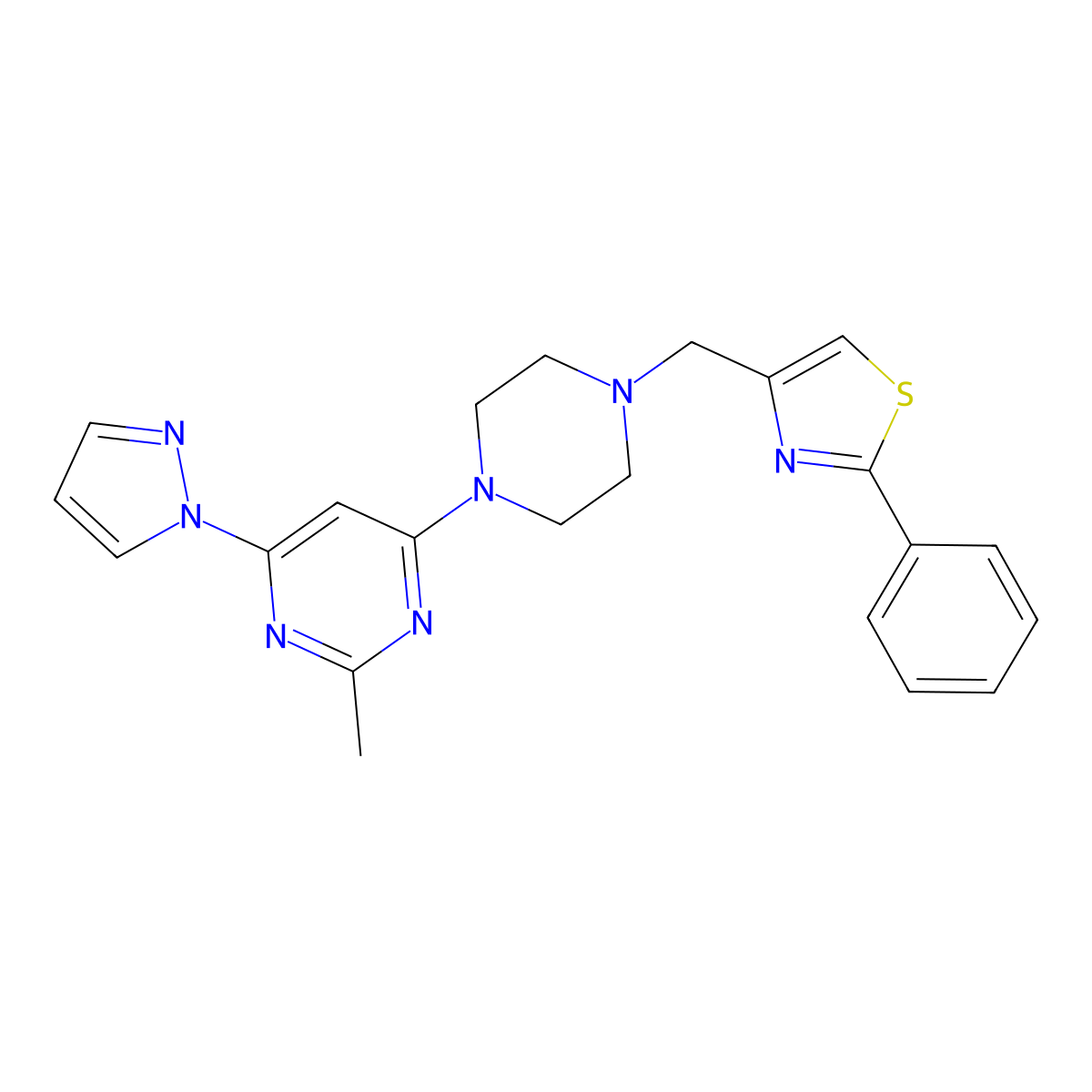 4-[[4-(2-Methyl-6-pyrazol-1-ylpyrimidin-4-yl)piperazin-1-yl]methyl]-2-phenyl-1,3-thiazole molecular structure, CAS 2741890-43-5