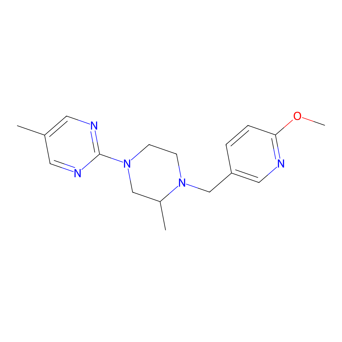 2-{4-[(6-Methoxypyridin-3-yl)methyl]-3-methylpiperazin-1-yl}-5-methylpyrimidine molecular structure, CAS 2741890-55-9