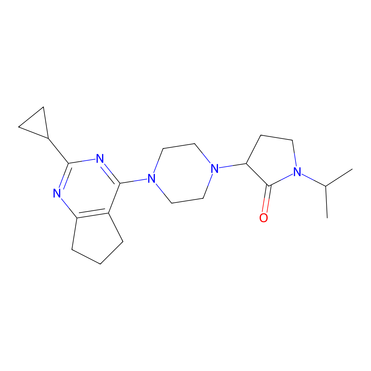 3-(4-{2-cyclopropyl-5H,6H,7H-cyclopenta[d]pyrimidin-4-yl}piperazin-1-yl)-1-(propan-2-yl)pyrrolidin-2-one molecular structure, CAS 2741890-56-0