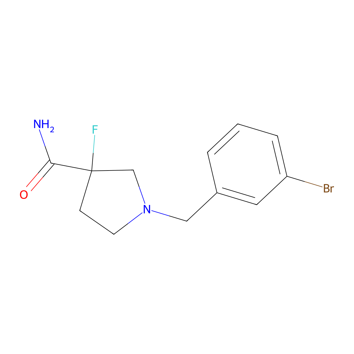 1-[(3-Bromophenyl)methyl]-3-fluoropyrrolidine-3-carboxamide molecular structure, CAS 2741890-58-2