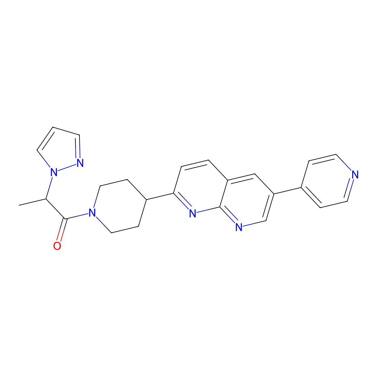 2-(1H-pyrazol-1-yl)-1-{4-[6-(pyridin-4-yl)-1,8-naphthyridin-2-yl]piperidin-1-yl}propan-1-one molecular structure, CAS 2741890-60-6