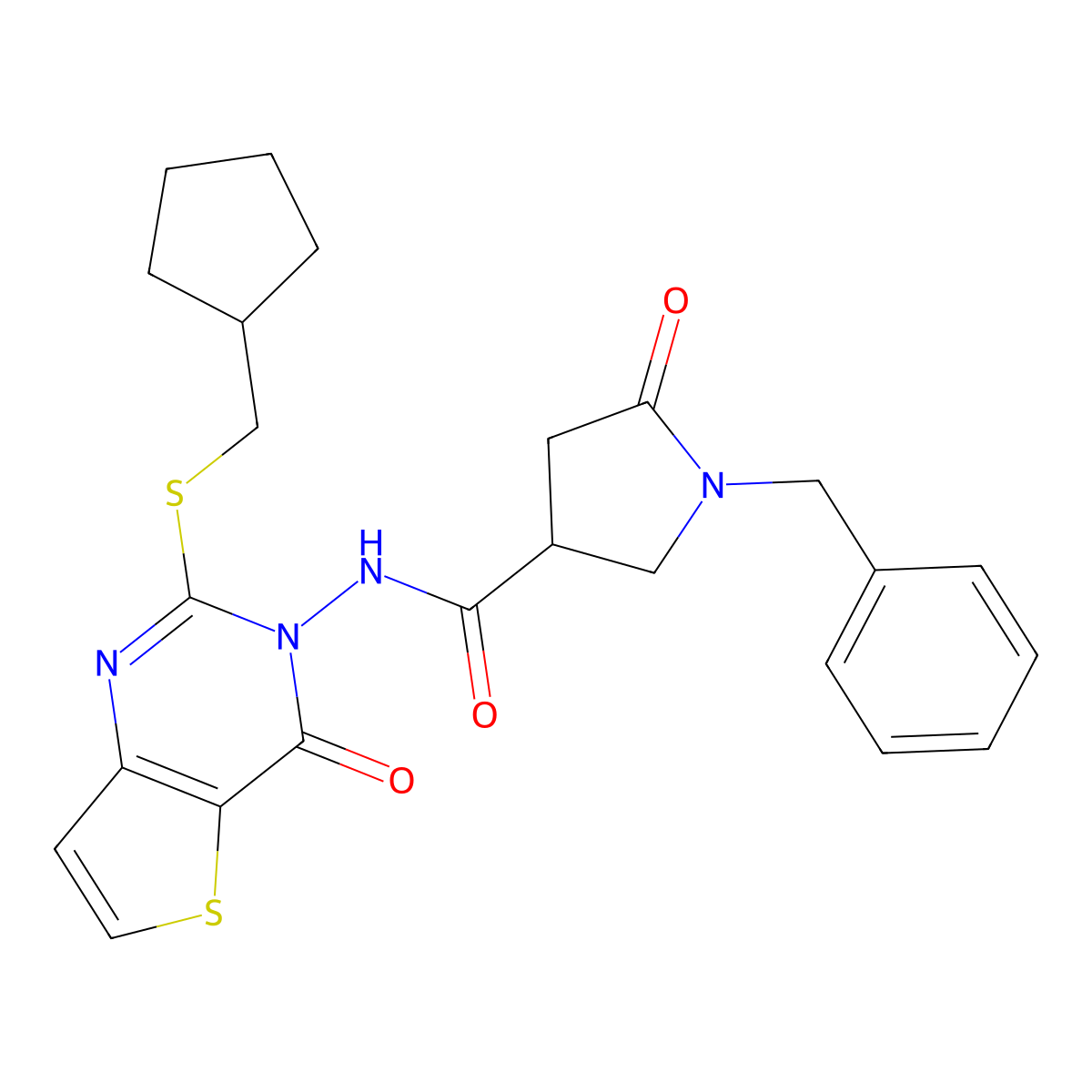 1-benzyl-N-{2-[(cyclopentylmethyl)sulfanyl]-4-oxo-3H,4H-thieno[3,2-d]pyrimidin-3-yl}-5-oxopyrrolidine-3-carboxamide molecular structure, CAS 2741892-77-1