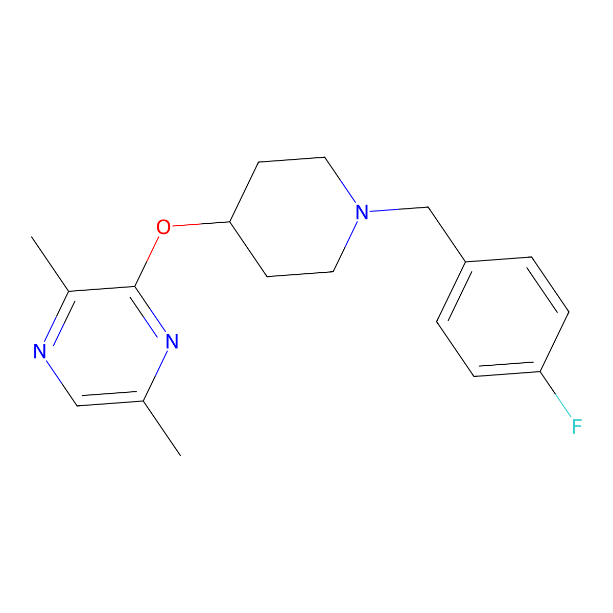 3-({1-[(4-Fluorophenyl)methyl]piperidin-4-yl}oxy)-2,5-dimethylpyrazine molecular structure, CAS 2741892-82-8