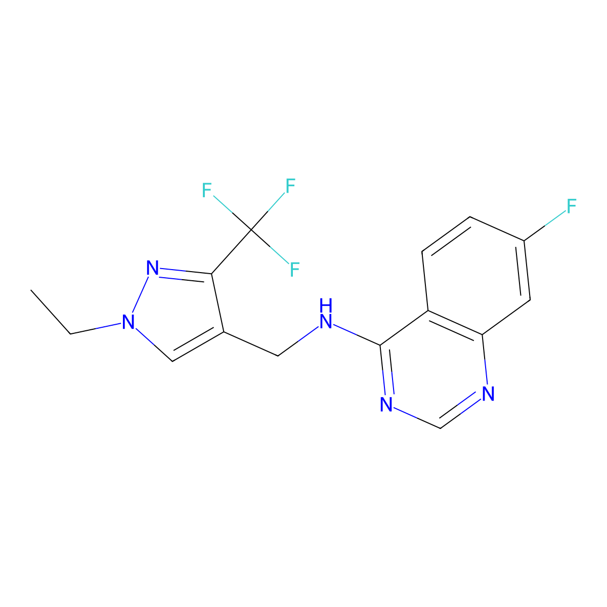 N-{[1-ethyl-3-(trifluoromethyl)-1H-pyrazol-4-yl]methyl}-7-fluoroquinazolin-4-amine molecular structure, CAS 2741892-83-9