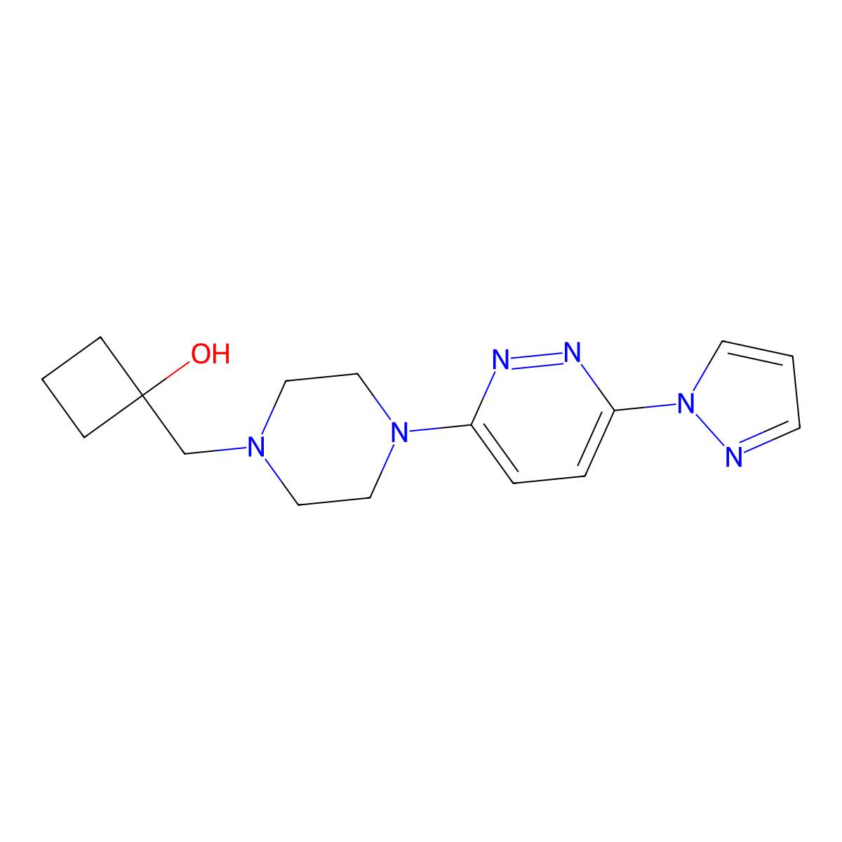 1-({4-[6-(1H-pyrazol-1-yl)pyridazin-3-yl]piperazin-1-yl}methyl)cyclobutan-1-ol molecular structure, CAS 2741893-01-4