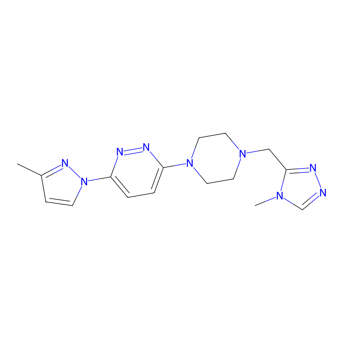 3-(3-methyl-1H-pyrazol-1-yl)-6-{4-[(4-methyl-4H-1,2,4-triazol-3-yl)methyl]piperazin-1-yl}pyridazine molecular structure, CAS 2741893-02-5