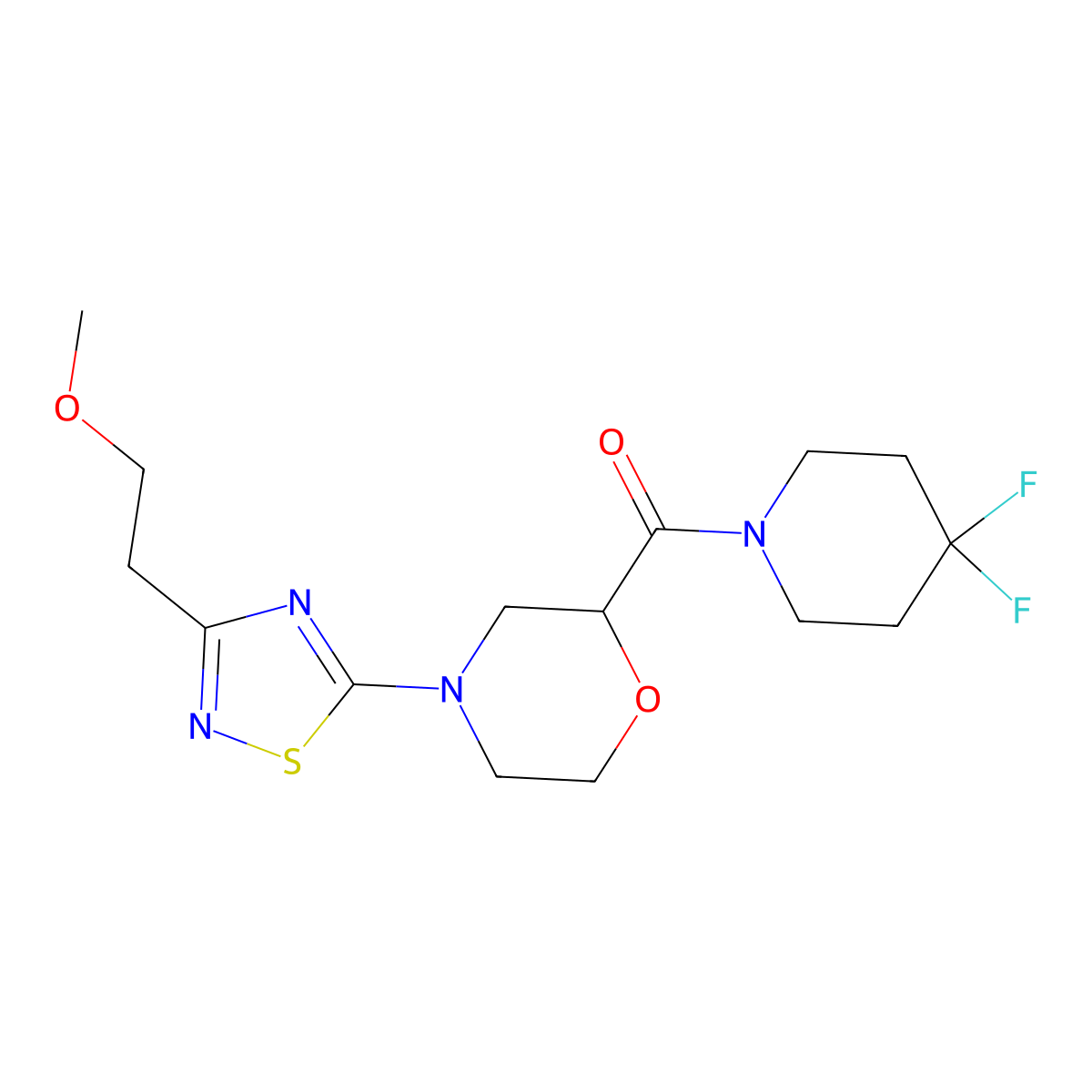 2-(4,4-Difluoropiperidine-1-carbonyl)-4-[3-(2-methoxyethyl)-1,2,4-thiadiazol-5-yl]morpholine molecular structure, CAS 2741893-04-7