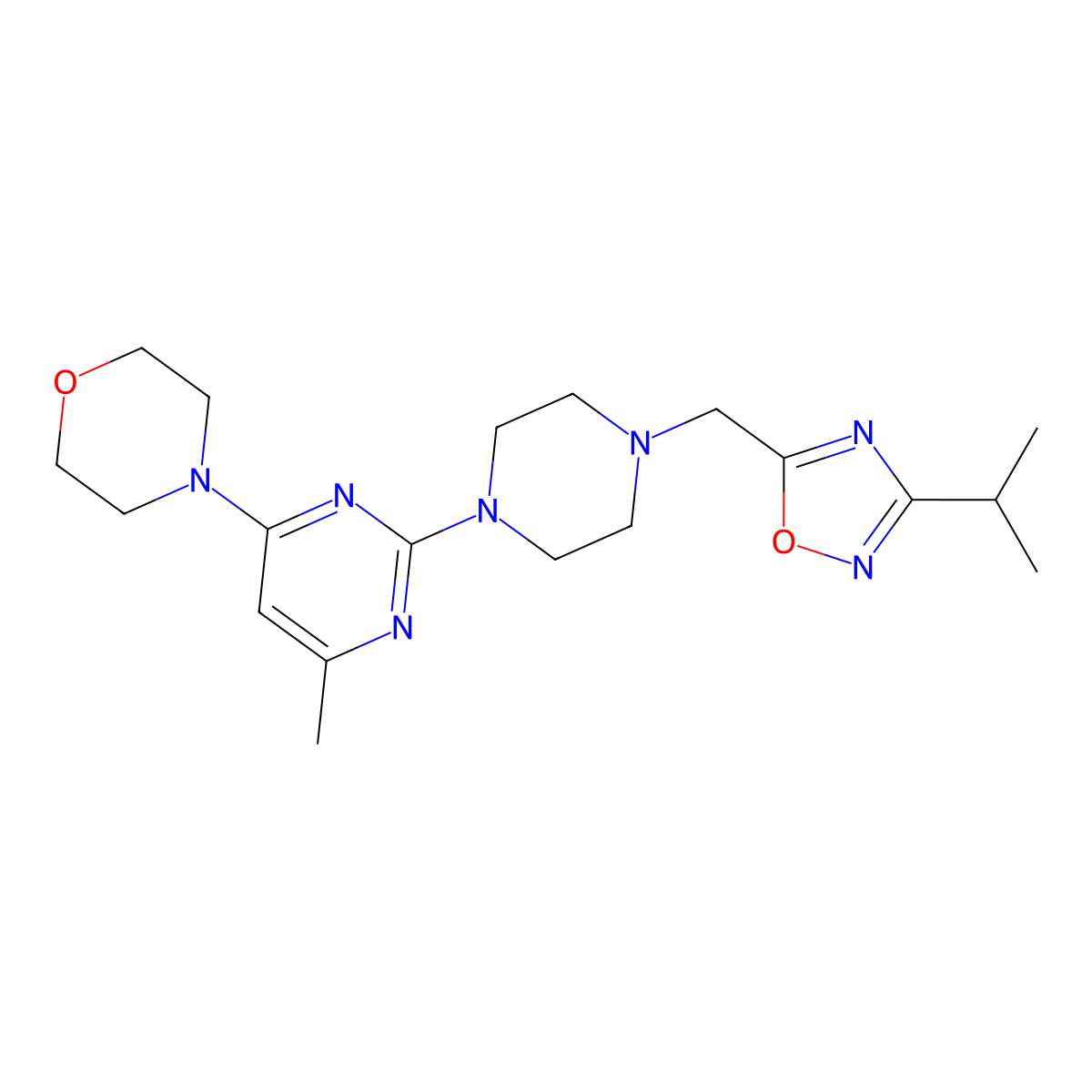 4-[6-Methyl-2-(4-{[3-(propan-2-yl)-1,2,4-oxadiazol-5-yl]methyl}piperazin-1-yl)pyrimidin-4-yl]morpholine molecular structure, CAS 2741893-05-8