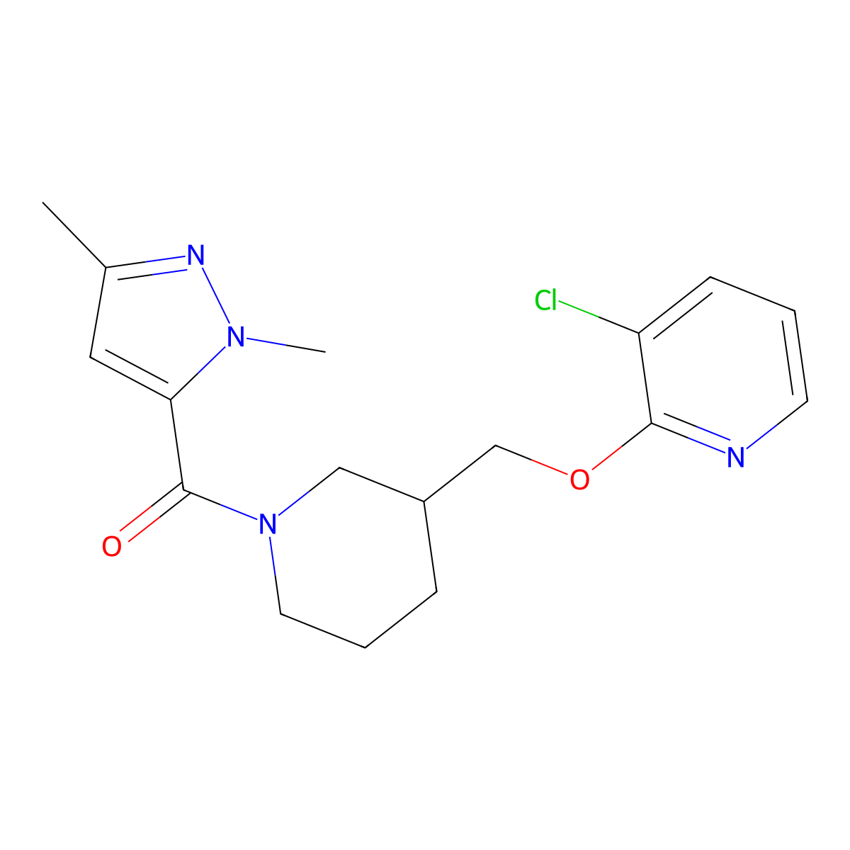 3-chloro-2-{[1-(1,3-dimethyl-1H-pyrazole-5-carbonyl)piperidin-3-yl]methoxy}pyridine molecular structure, CAS 2741893-17-2