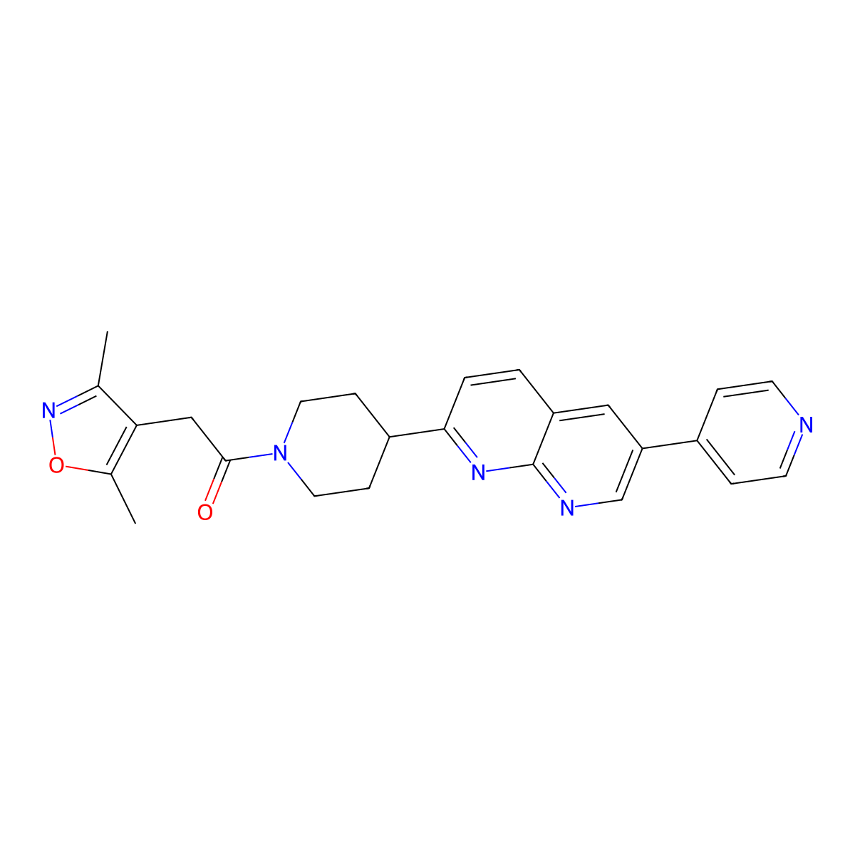 2-(3,5-Dimethyl-1,2-oxazol-4-yl)-1-{4-[6-(pyridin-4-yl)-1,8-naphthyridin-2-yl]piperidin-1-yl}ethan-1-one molecular structure, CAS 2741893-18-3