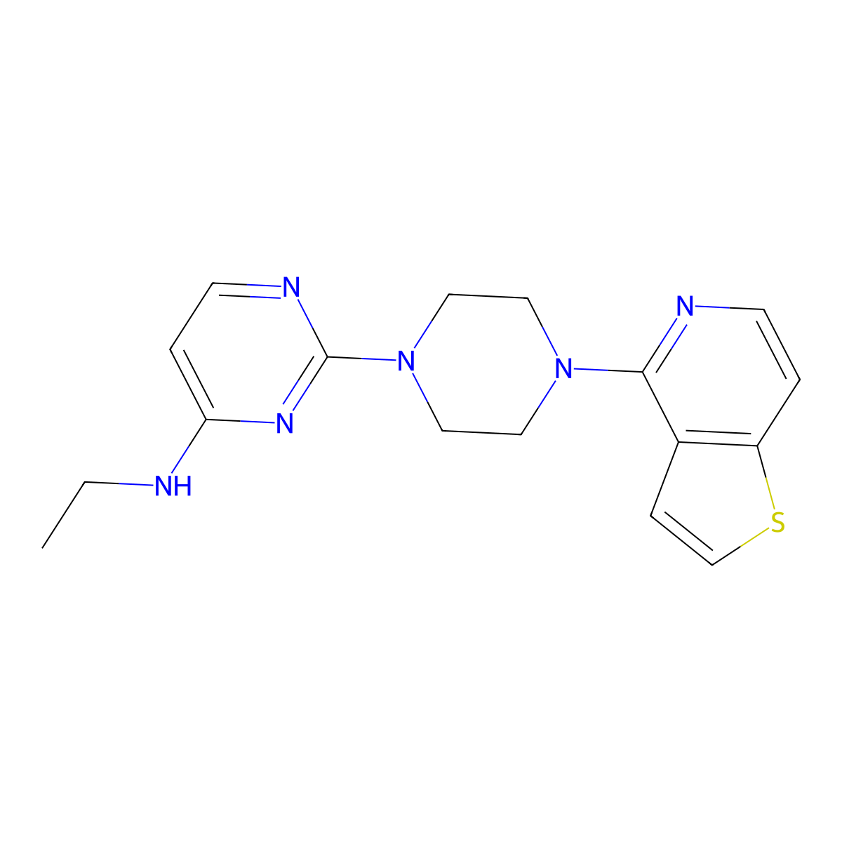 N-ethyl-2-(4-{thieno[3,2-c]pyridin-4-yl}piperazin-1-yl)pyrimidin-4-amine molecular structure, CAS 2741893-19-4