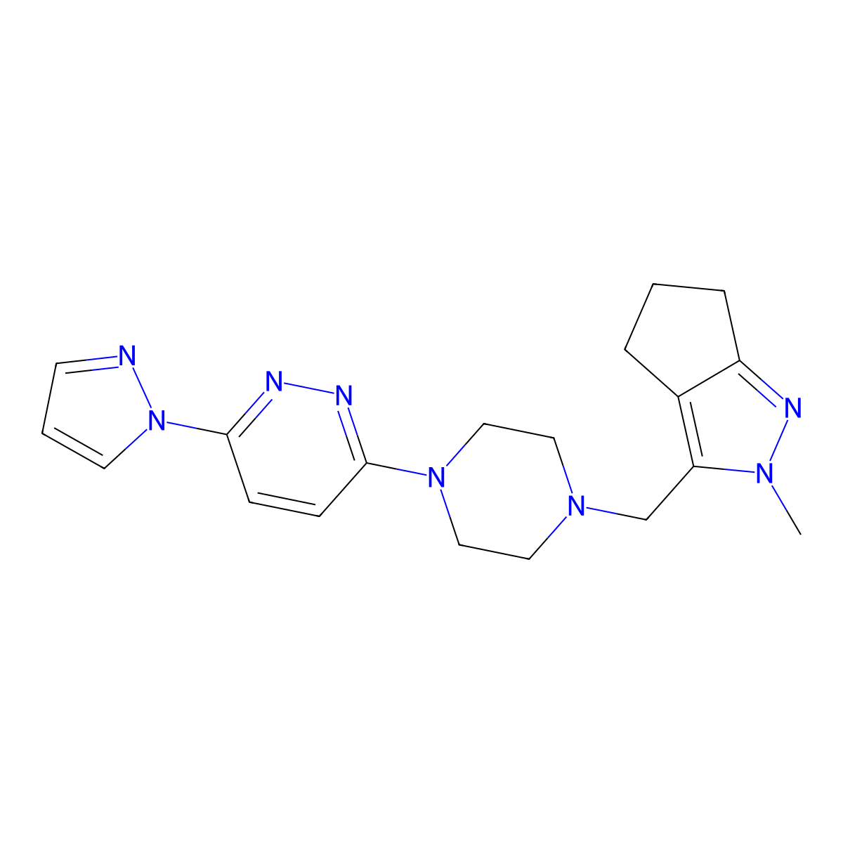 3-[4-({2-methyl-2H,4H,5H,6H-cyclopenta[c]pyrazol-3-yl}methyl)piperazin-1-yl]-6-(1H-pyrazol-1-yl)pyridazine molecular structure, CAS 2741893-38-7