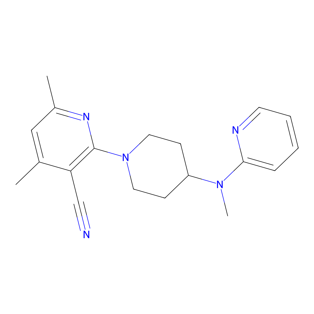 4,6-Dimethyl-2-{4-[methyl(pyridin-2-yl)amino]piperidin-1-yl}pyridine-3-carbonitrile molecular structure, CAS 2741893-43-4