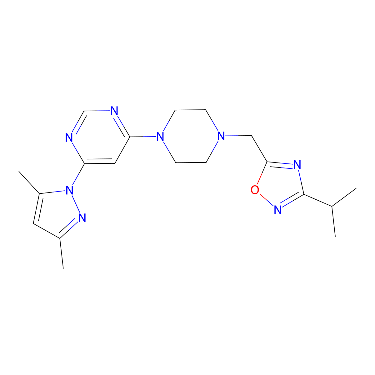 4-(3,5-dimethyl-1H-pyrazol-1-yl)-6-(4-{[3-(propan-2-yl)-1,2,4-oxadiazol-5-yl]methyl}piperazin-1-yl)pyrimidine molecular structure, CAS 2741893-44-5