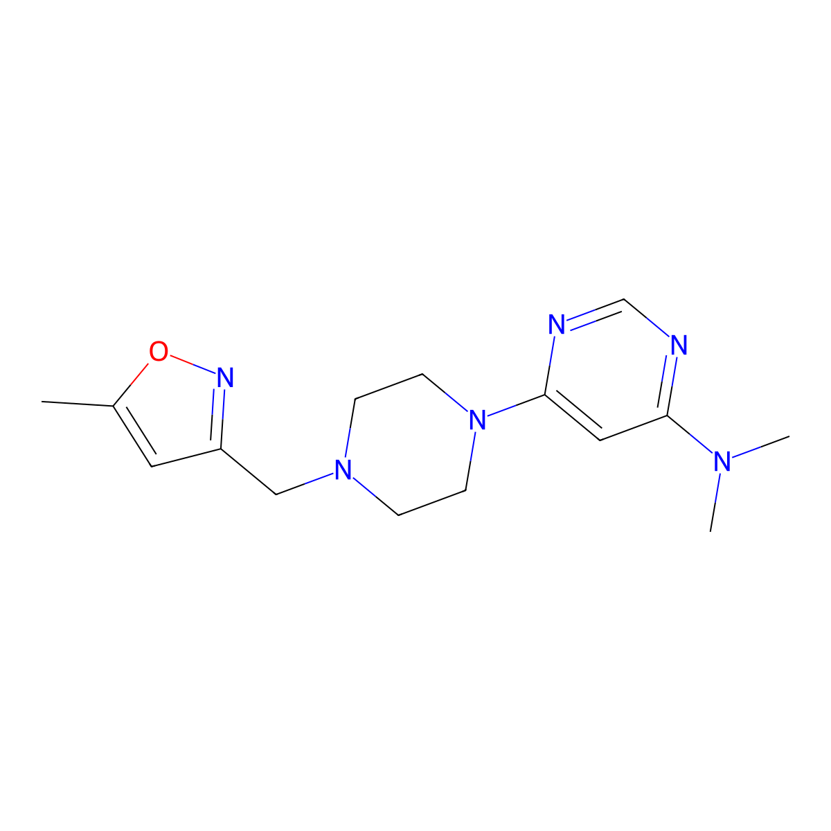 N,N-dimethyl-6-{4-[(5-methyl-1,2-oxazol-3-yl)methyl]piperazin-1-yl}pyrimidin-4-amine molecular structure, CAS 2741893-46-7