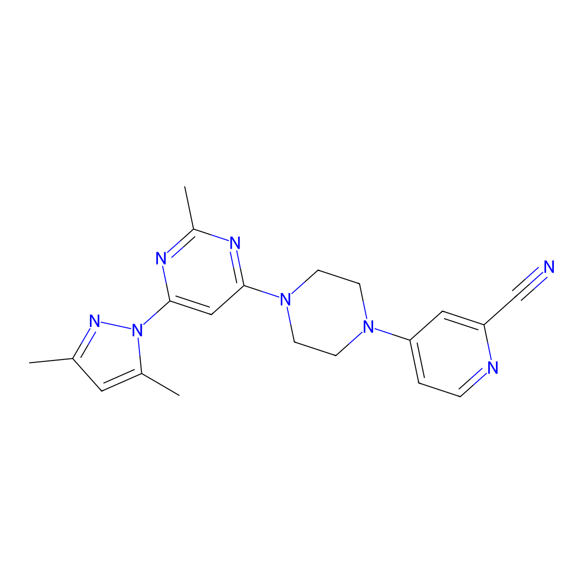 4-{4-[6-(3,5-dimethyl-1H-pyrazol-1-yl)-2-methylpyrimidin-4-yl]piperazin-1-yl}pyridine-2-carbonitrile molecular structure, CAS 2741893-50-3