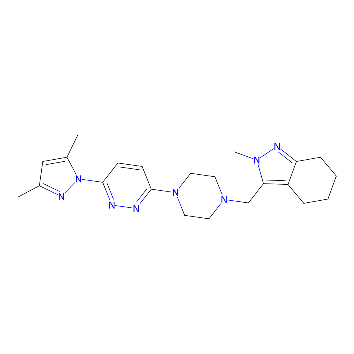 3-({4-[6-(3,5-dimethyl-1H-pyrazol-1-yl)pyridazin-3-yl]piperazin-1-yl}methyl)-2-methyl-4,5,6,7-tetrahydro-2H-indazole molecular structure, CAS 2741893-52-5