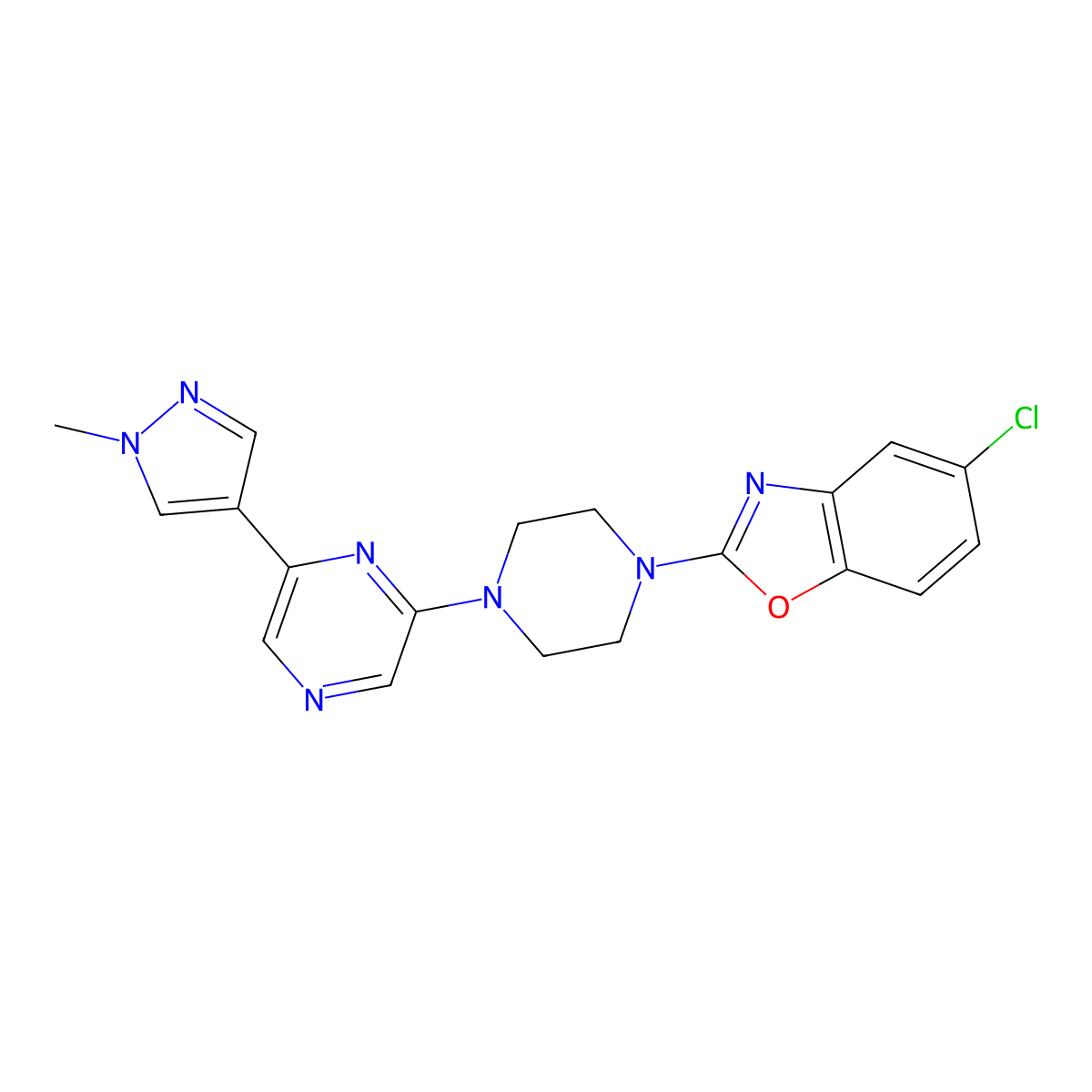 5-chloro-2-{4-[6-(1-methyl-1H-pyrazol-4-yl)pyrazin-2-yl]piperazin-1-yl}-1,3-benzoxazole molecular structure, CAS 2741893-55-8