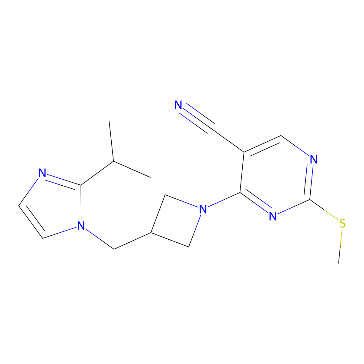 2-(methylsulfanyl)-4-(3-{[2-(propan-2-yl)-1H-imidazol-1-yl]methyl}azetidin-1-yl)pyrimidine-5-carbonitrile molecular structure, CAS 2741893-56-9