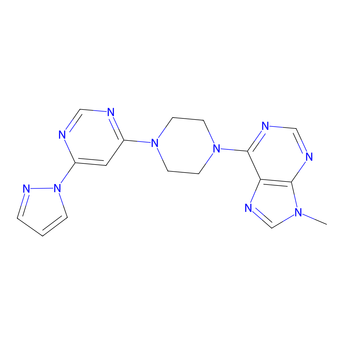 9-methyl-6-{4-[6-(1H-pyrazol-1-yl)pyrimidin-4-yl]piperazin-1-yl}-9H-purine molecular structure, CAS 2741893-57-0